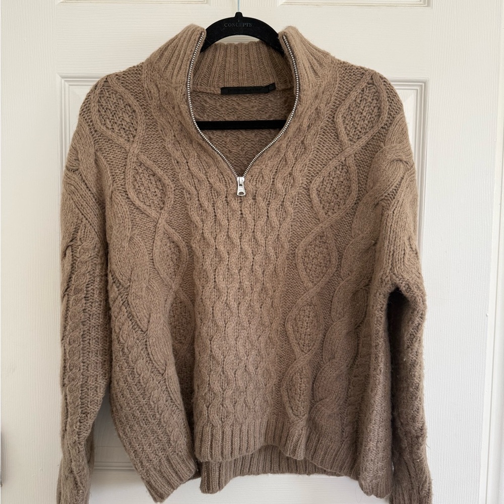 Jenni Kayne Taupe Cable Half Zip Knit Turtleneck Sweater